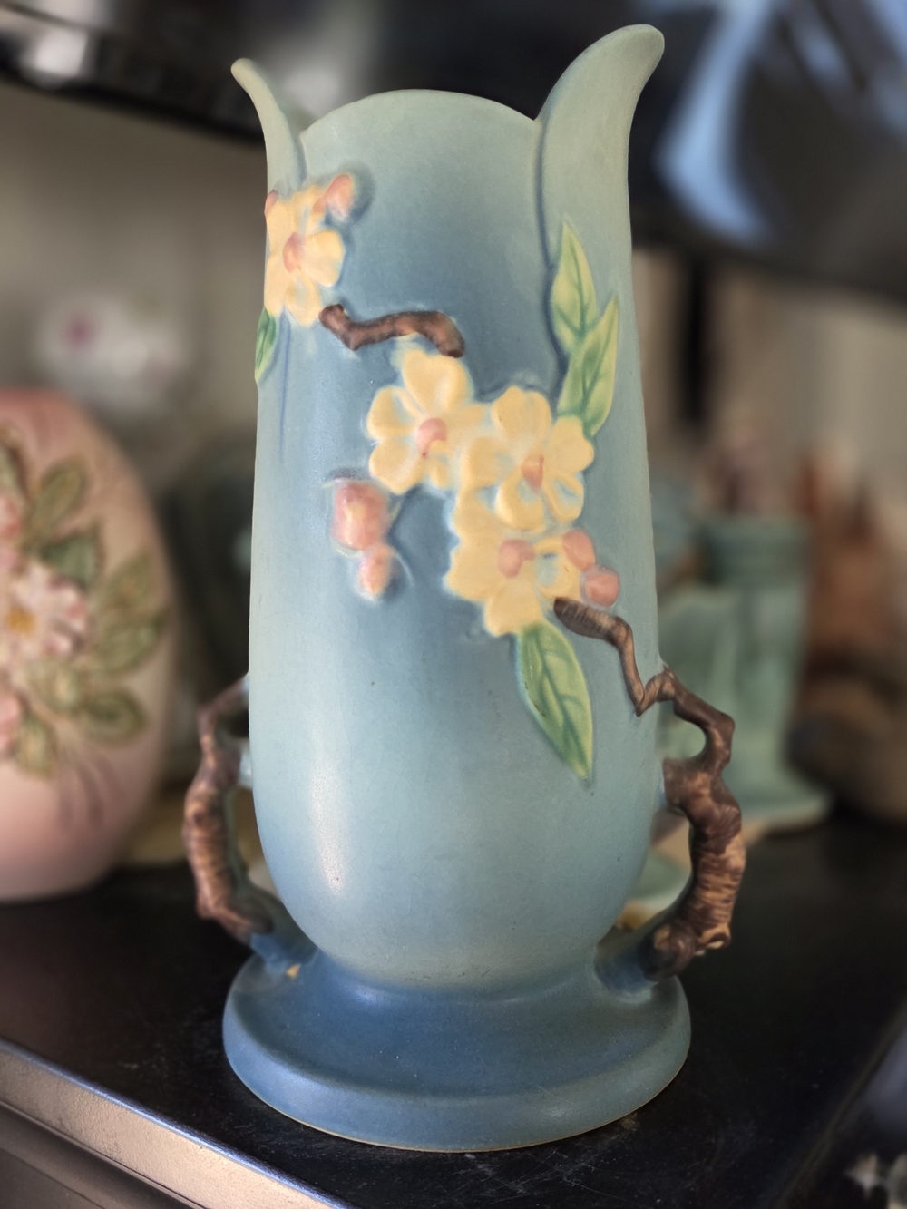 Vintage Roseville Pottery Blue Floral Ceramic Vase with Branch Handles